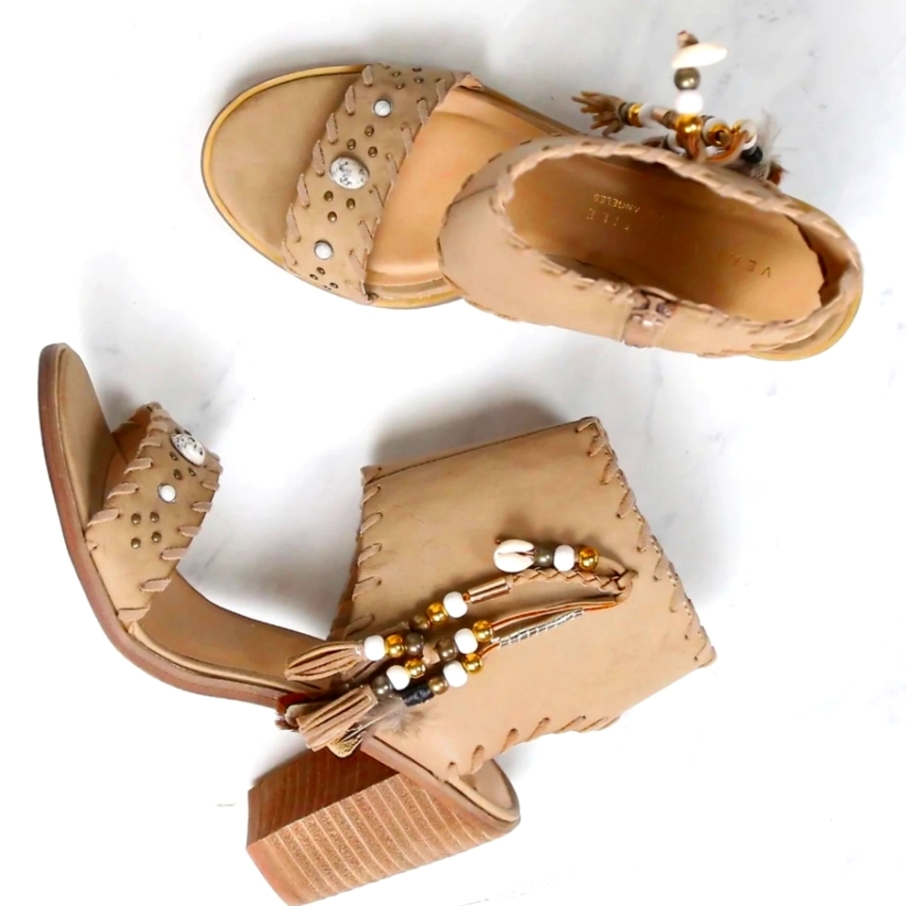 NEW Very Volatile Boho Southwest Stone Bead Feather Block Heel Taupe Sandals 10